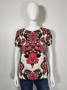 J. Crew Cream Short Sleeve Top with Red & Black Floral Motif Sz L